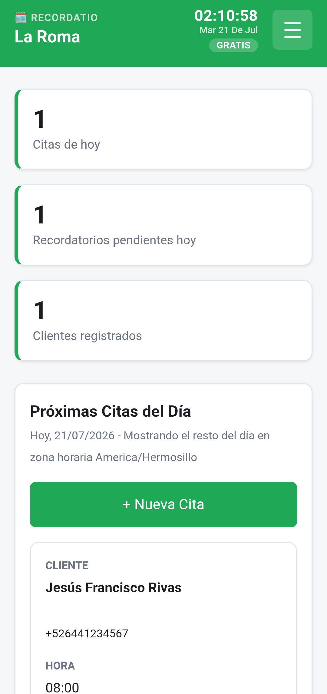 Panel principal de Recordatio con citas del día y clientes registrados