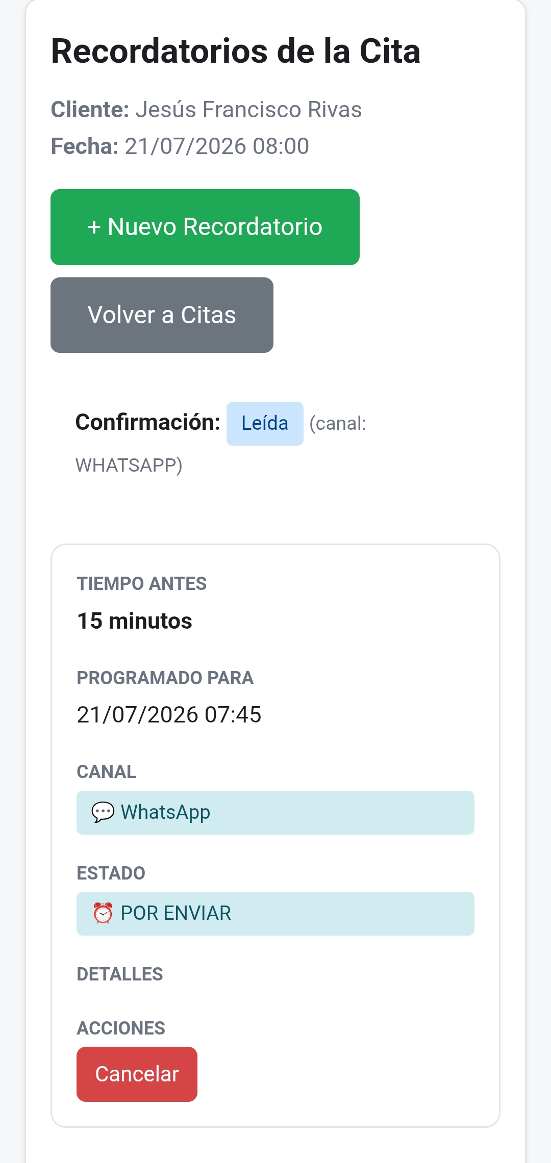 Detalle de un recordatorio de cita mostrando su estado de entrega